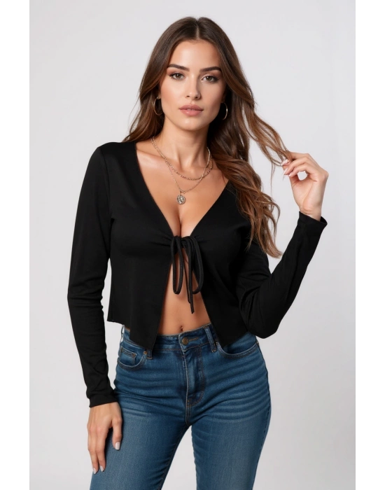 Kadın Siyah Uzun Kollu Önden Bağlama Detaylı Crop Top Bluz – Şık, Rahat ve Kolay Kombinlenebilir