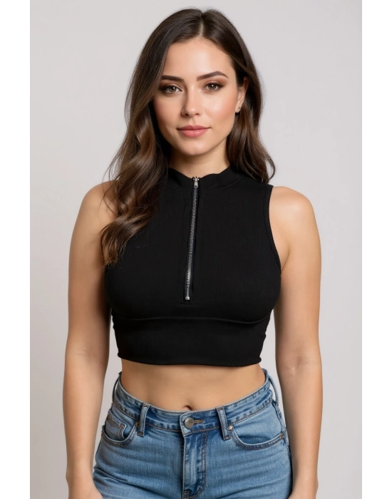 Kadın Siyah Yarım Fermuarlı Sıfır Kol Crop Top Bluz – Şık, Rahat ve Kolay Kombinlenebilir