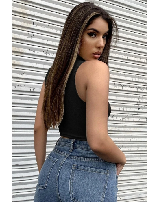 Kadın Siyah Yarım Fermuarlı Sıfır Kol Crop Top Bluz – Şık, Rahat ve Kolay Kombinlenebilir