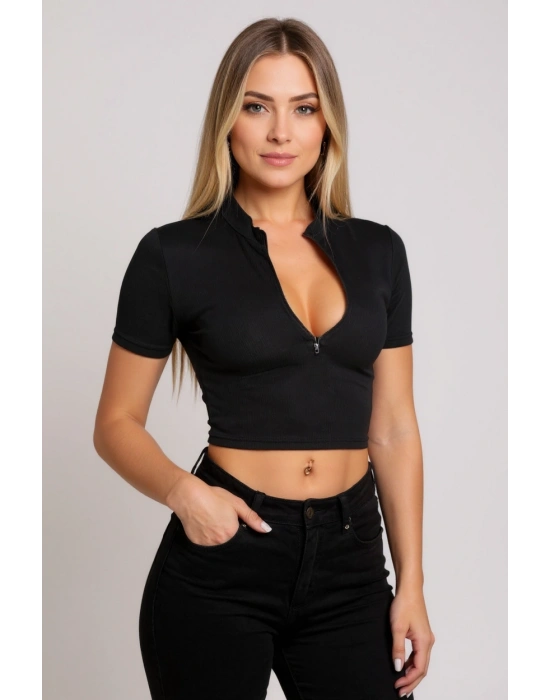 Kadın Siyah Yarım Fermuarlı ve Kısa Kollu Crop Top Bluz