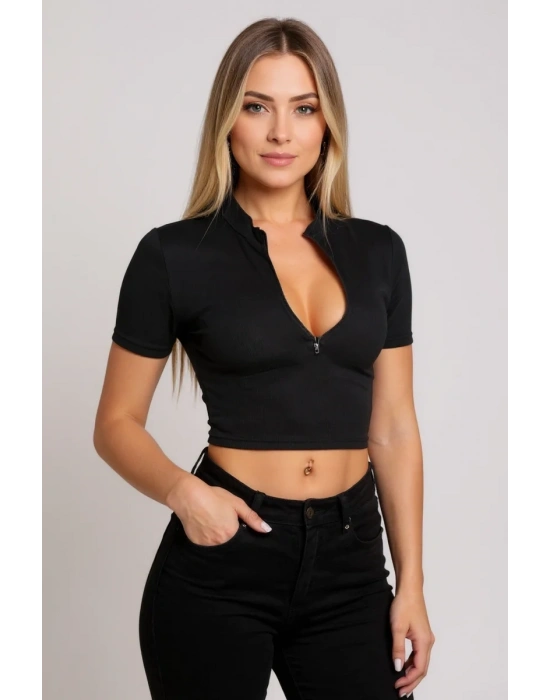 Kadın Siyah Yarım Fermuarlı ve Kısa Kollu Crop Top Bluz