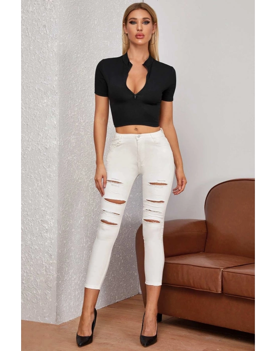 Kadın Siyah Yarım Fermuarlı ve Kısa Kollu Crop Top Bluz