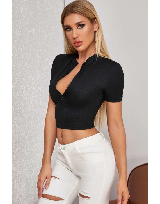 Kadın Siyah Yarım Fermuarlı ve Kısa Kollu Crop Top Bluz