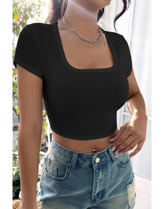 Kadın Siyah Yarım Kol Düz Yaka Crop Top Bluz