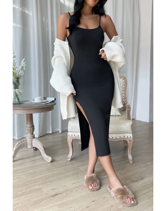 Kadın Siyah Yırtmaçlı Diz Altı Vücüdu Saran Gecelik