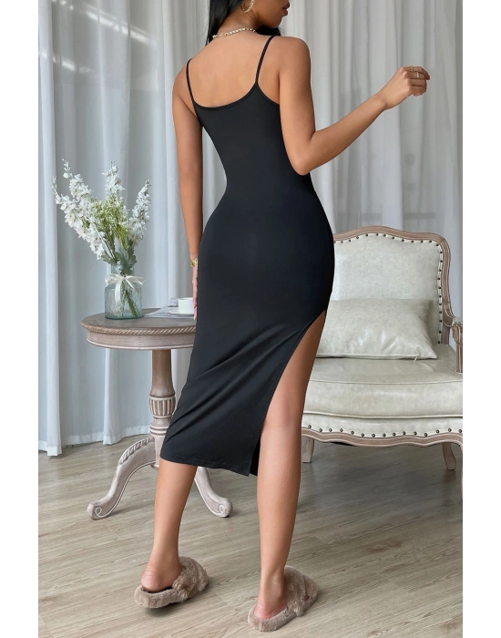 Kadın Siyah Yırtmaçlı Diz Altı Vücüdu Saran Gecelik