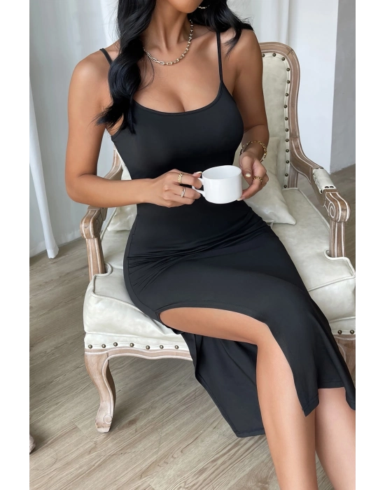 Kadın Siyah Yırtmaçlı Diz Altı Vücüdu Saran Gecelik