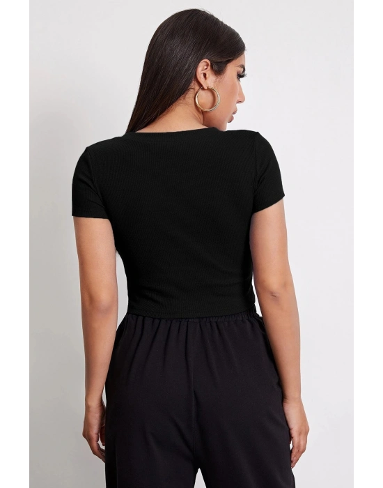 Kadın Siyah Yuvarlak Yaka Yarım Kol Crop Top Bluz