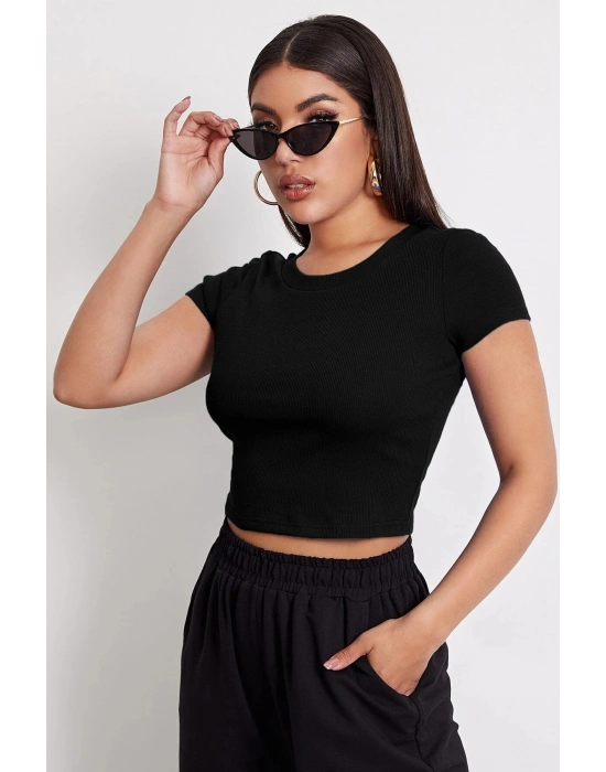 Kadın Siyah Yuvarlak Yaka Yarım Kol Crop Top Bluz