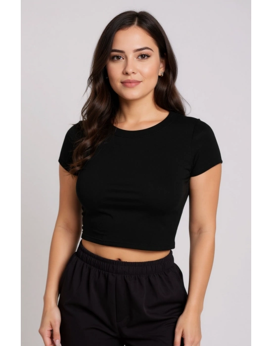 Kadın Siyah Yuvarlak Yaka Yarım Kol Crop Top Bluz – Şık, Rahat ve Kolay Kombinlenebilir