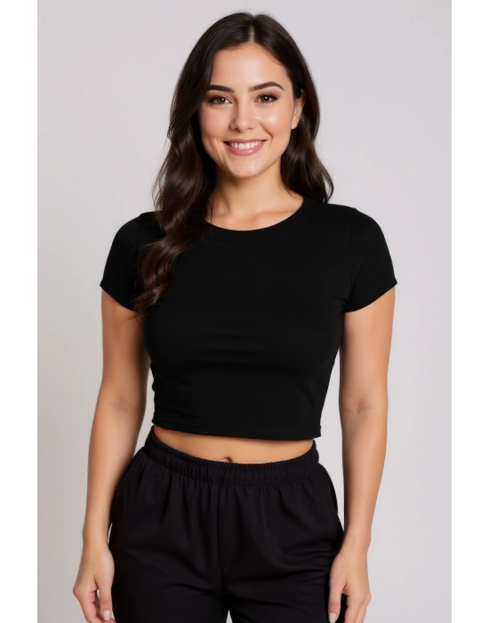 Kadın Siyah Yuvarlak Yaka Yarım Kol Crop Top Bluz – Şık, Rahat ve Kolay Kombinlenebilir