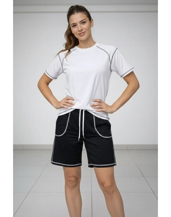 Kadın Spor Tişört Şort Takım Kontrast Dikiş Detaylı Ovarsize rahat kalıp - Beyaz