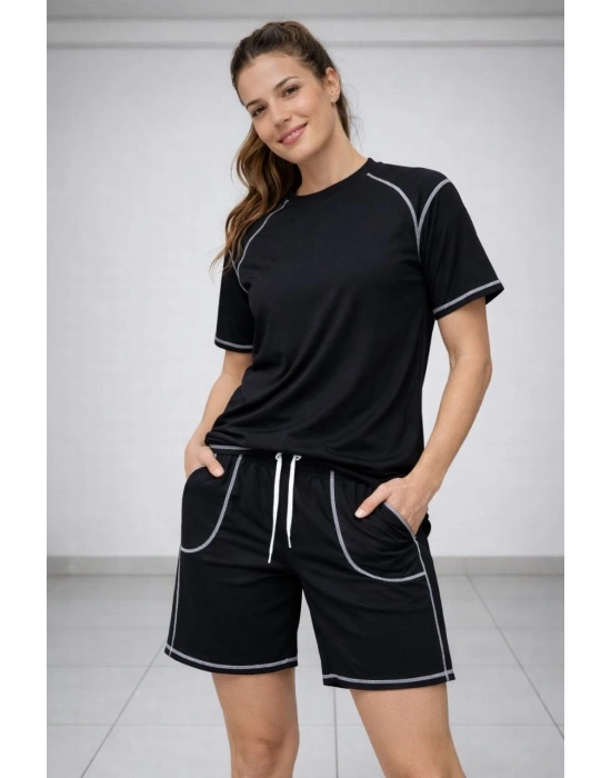Kadın Spor Tişört Şort Takım Kontrast Dikiş Detaylı Ovarsize rahat kalıp - Siyah