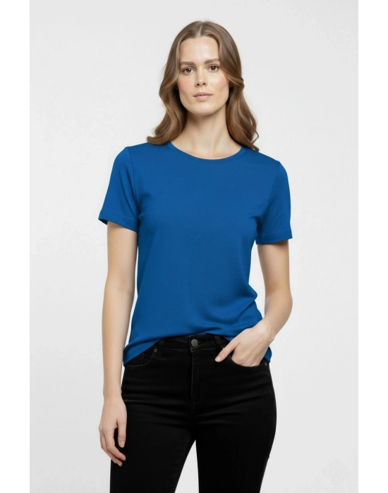 Kadın T-Shirt Bisiklet Yaka Slim Fit Likralı Tişört Günlük Basic Body - İndigo