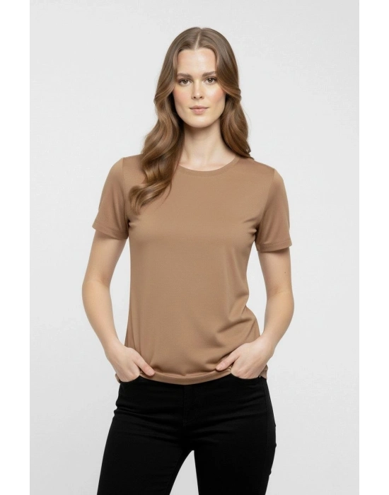 Kadın T-Shirt Bisiklet Yaka Slim Fit Likralı Tişört Günlük Basic Body - Kahverengi