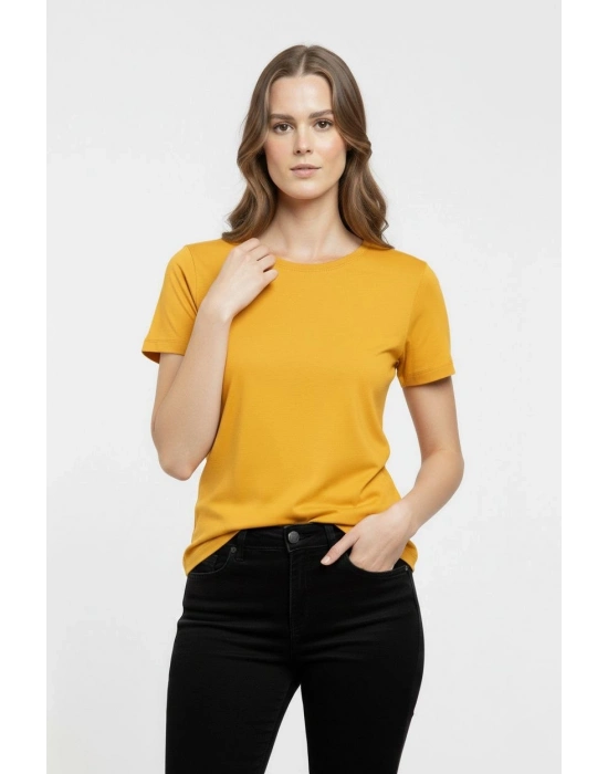 Kadın T-Shirt Bisiklet Yaka Slim Fit Likralı Tişört Günlük Basic Body - Sarı