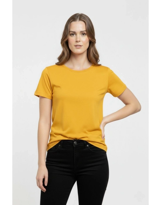 Kadın T-Shirt Bisiklet Yaka Slim Fit Likralı Tişört Günlük Basic Body - Sarı