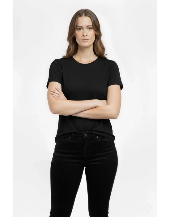 Kadın T-Shirt Bisiklet Yaka Slim Fit Likralı Tişört Günlük Basic Body - Siyah