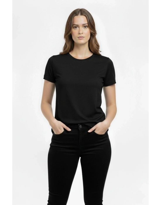Kadın T-Shirt Bisiklet Yaka Slim Fit Likralı Tişört Günlük Basic Body - Siyah