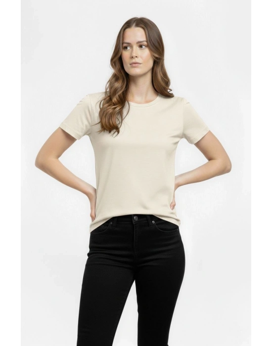 Kadın T-Shirt Bisiklet Yaka Slim Fit Likralı Tişört Günlük Basic Body - Taş