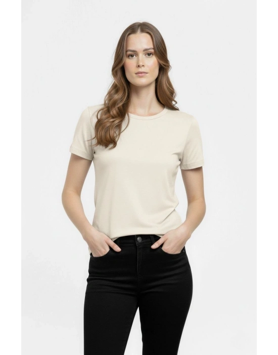 Kadın T-Shirt Bisiklet Yaka Slim Fit Likralı Tişört Günlük Basic Body - Taş