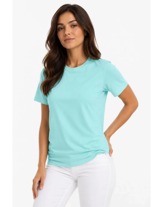 Kadın T-Shirt Bisiklet Yaka Slim Fit Likralı Tişört Günlük Basic Body - Turkuaz