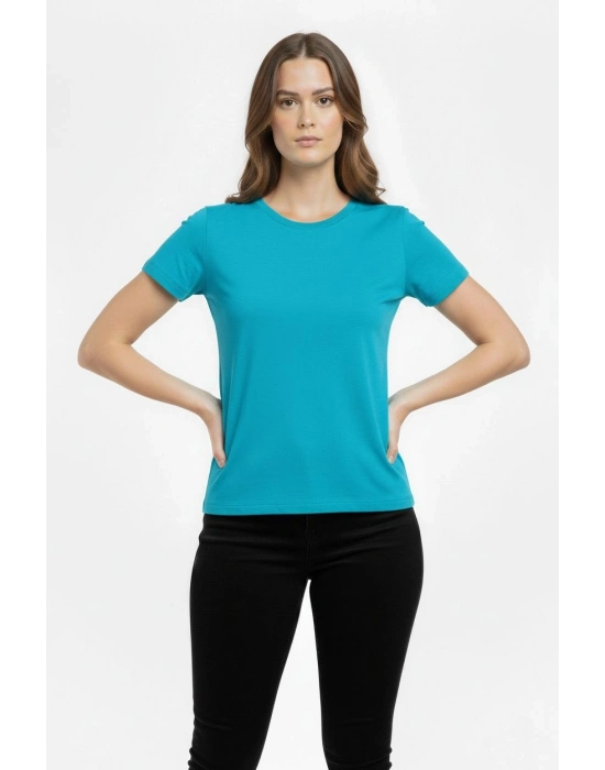 Kadın T-Shirt Bisiklet Yaka Slim Fit Likralı Tişört Günlük Basic Body - Turkuvaz