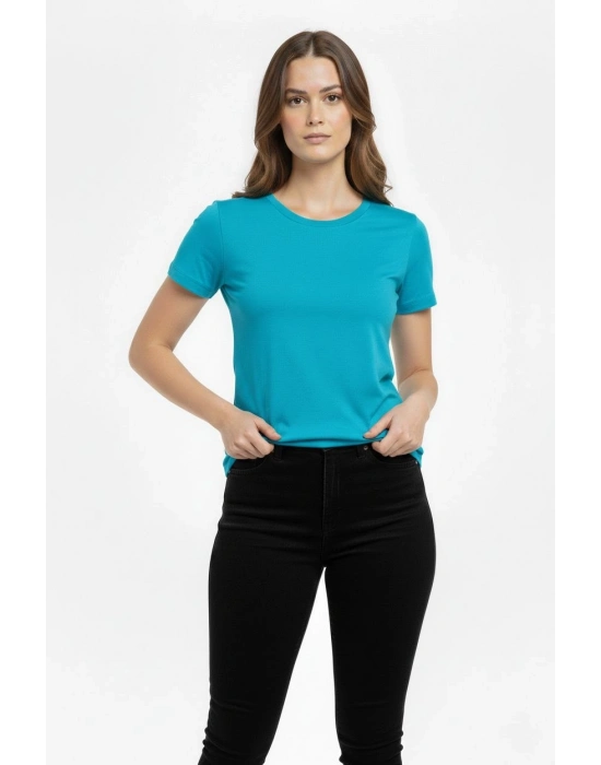 Kadın T-Shirt Bisiklet Yaka Slim Fit Likralı Tişört Günlük Basic Body - Turkuvaz