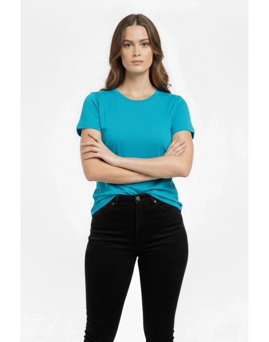 Kadın T-Shirt Bisiklet Yaka Slim Fit Likralı Tişört Günlük Basic Body - Turkuvaz