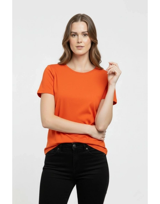 Kadın T-Shirt Bisiklet Yaka Slim Fit Likralı Tişört Günlük Basic Body - Turuncu