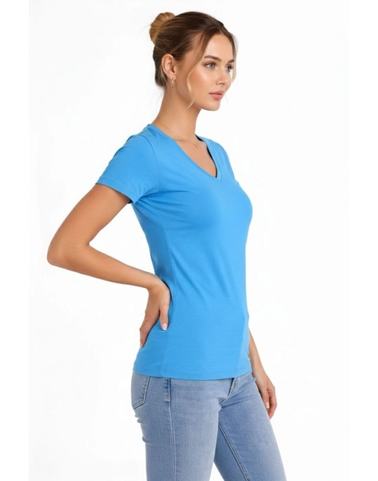 Kadın T-Shirt V Yaka Slim Fit Likralı Tişört Günlük Basic Body - Açık Mavi