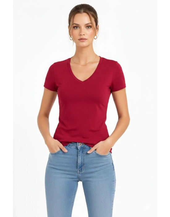 Kadın T-Shirt V Yaka Slim Fit Likralı Tişört Günlük Basic Body - Bordo