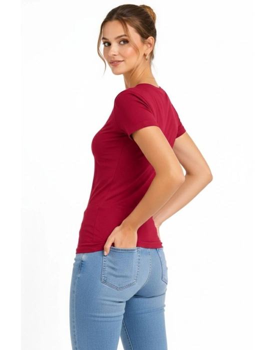 Kadın T-Shirt V Yaka Slim Fit Likralı Tişört Günlük Basic Body - Bordo