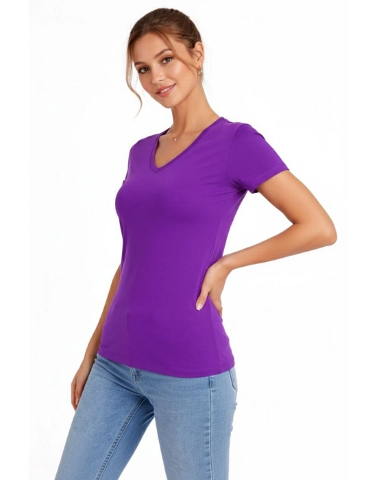 Kadın T-Shirt V Yaka Slim Fit Likralı Tişört Günlük Basic Body - Mor