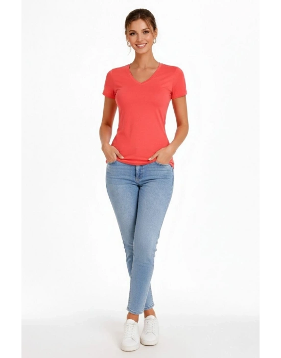 Kadın T-Shirt V Yaka Slim Fit Likralı Tişört Günlük Basic Body - Nar Çiçeği