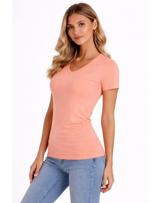 Kadın T-Shirt V Yaka Slim Fit Likralı Tişört Günlük Basic Body - Toz Pembe