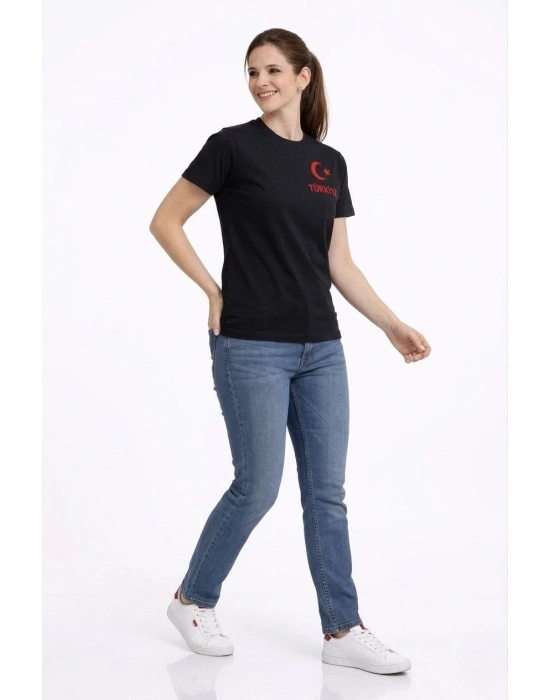 Kadın TÜRKİYE Ay Yıldız Baskılı Taraftar Forma T-Shirt - Siyah