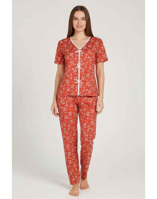 Kadın Turuncu Kalp Desenli Fiyonklu Kısa Kollu Uzun Pijama Takımı