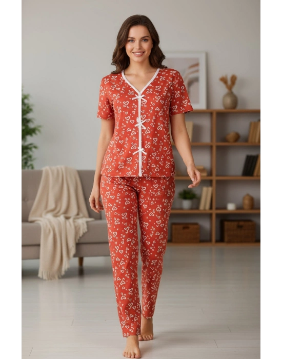 Kadın Turuncu Kalp Desenli Fiyonklu Kısa Kollu Uzun Pijama Takımı