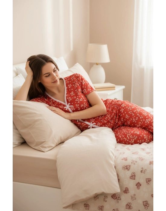 Kadın Turuncu Kalp Desenli Fiyonklu Kısa Kollu Uzun Pijama Takımı