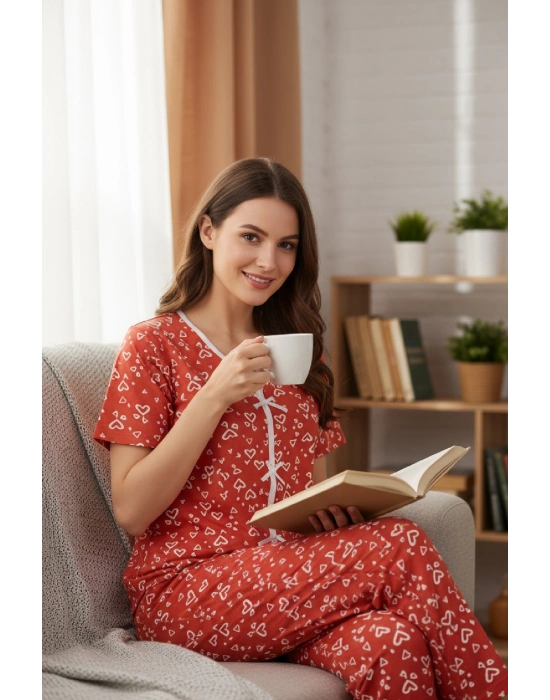 Kadın Turuncu Kalp Desenli Fiyonklu Kısa Kollu Uzun Pijama Takımı