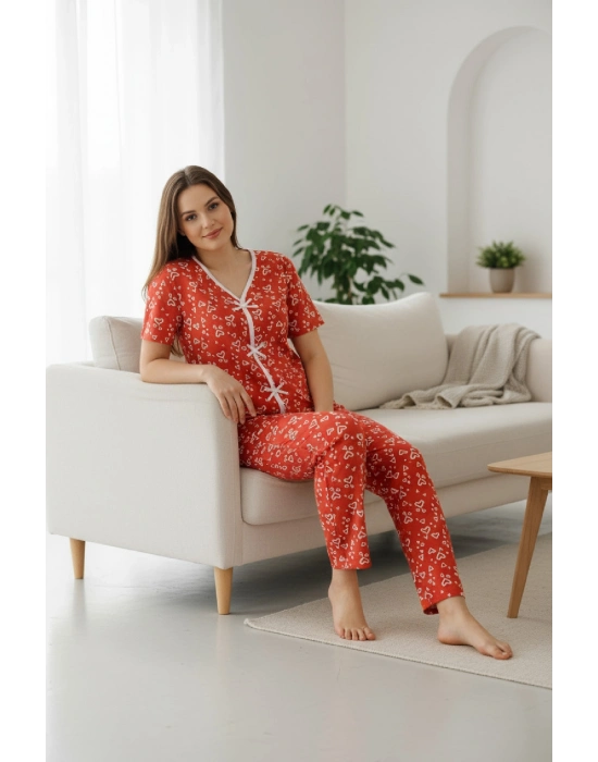 Kadın Turuncu Kalp Desenli Fiyonklu Kısa Kollu Uzun Pijama Takımı