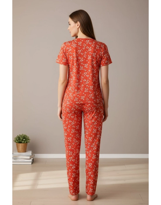 Kadın Turuncu Kalp Desenli Fiyonklu Kısa Kollu Uzun Pijama Takımı