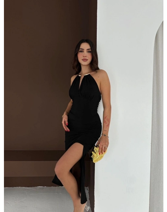 Kadın Uzun Abiye Elbise Yırtmaçlı Sırt Dekolteli Şık Gece Elbisesi - Siyah