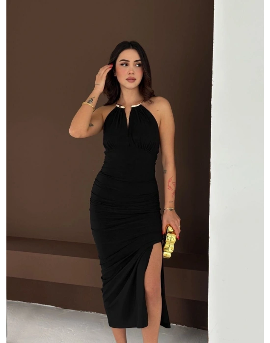Kadın Uzun Abiye Elbise Yırtmaçlı Sırt Dekolteli Şık Gece Elbisesi - Siyah