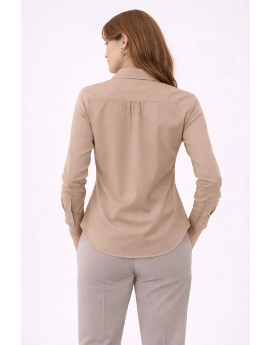 Kadın Uzun Kollu Gömlek Düğmeli Klasik Yaka Günlük ve Ofis Şıklığına uygun - Bej