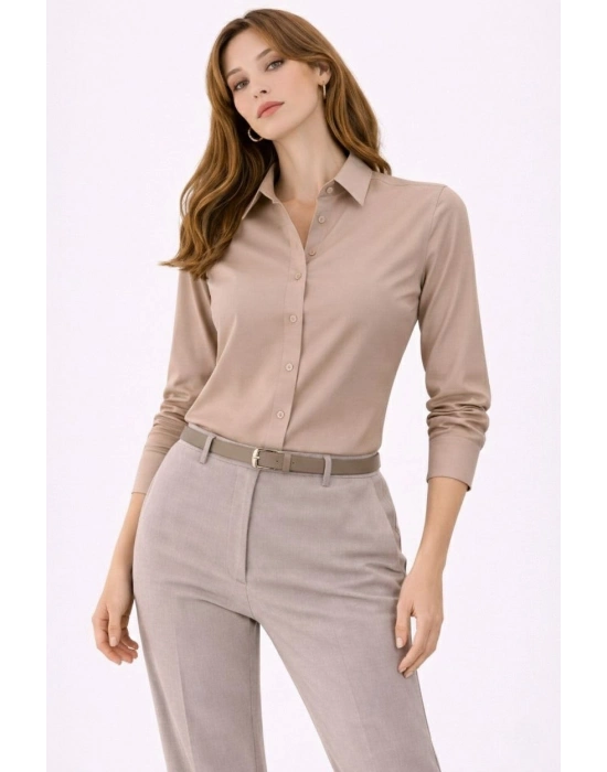 Kadın Uzun Kollu Gömlek Düğmeli Klasik Yaka Günlük ve Ofis Şıklığına uygun - Bej