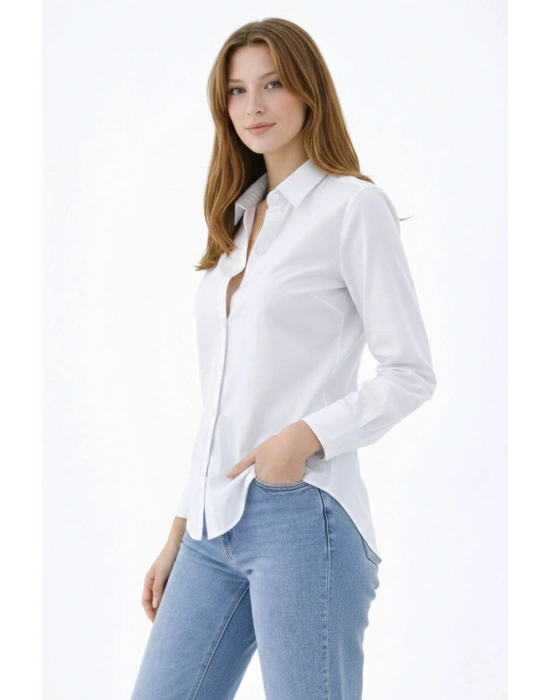 Kadın Uzun Kollu Gömlek Düğmeli Klasik Yaka Günlük ve Ofis Şıklığına uygun - Beyaz