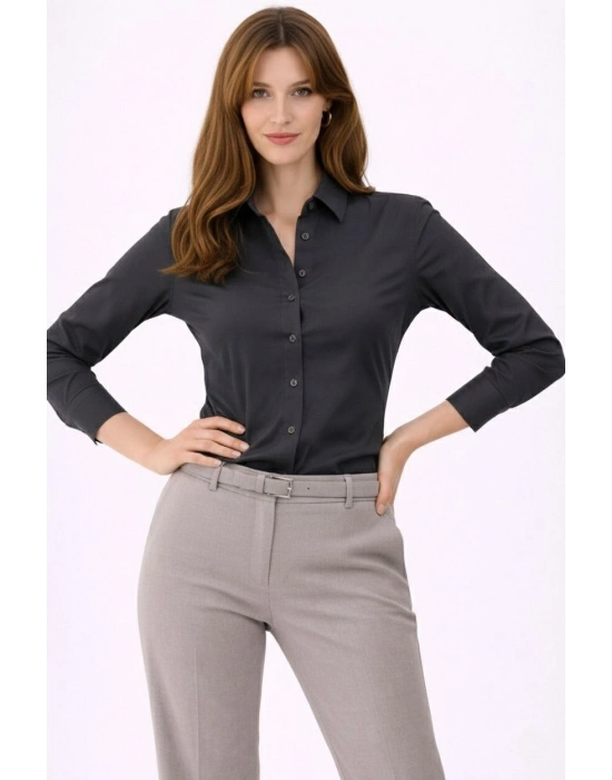 Kadın Uzun Kollu Gömlek Düğmeli Klasik Yaka Günlük ve Ofis Şıklığına uygun - Füme