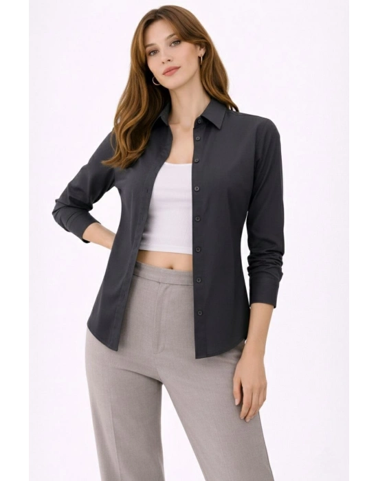 Kadın Uzun Kollu Gömlek Düğmeli Klasik Yaka Günlük ve Ofis Şıklığına uygun - Füme